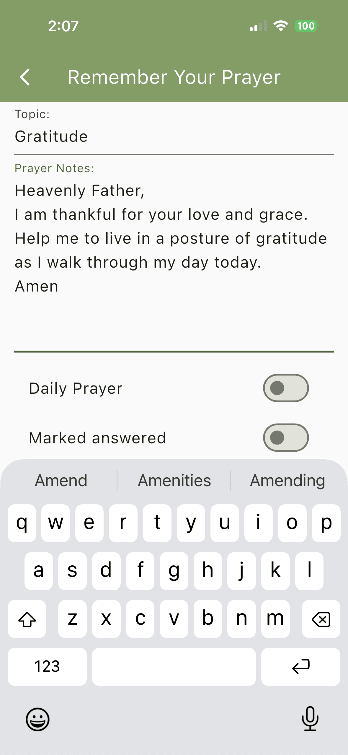 Prayer entry screen