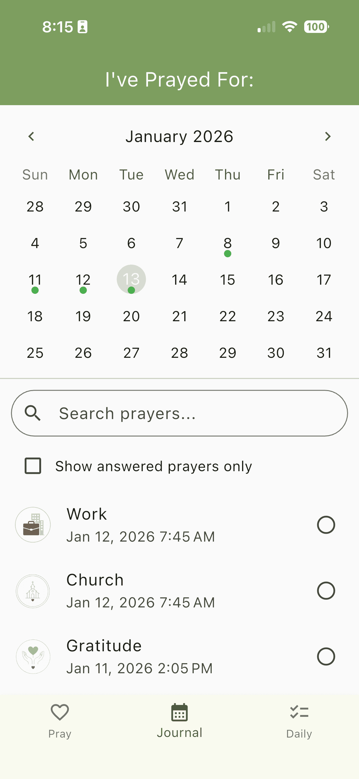 Prayer journal screen